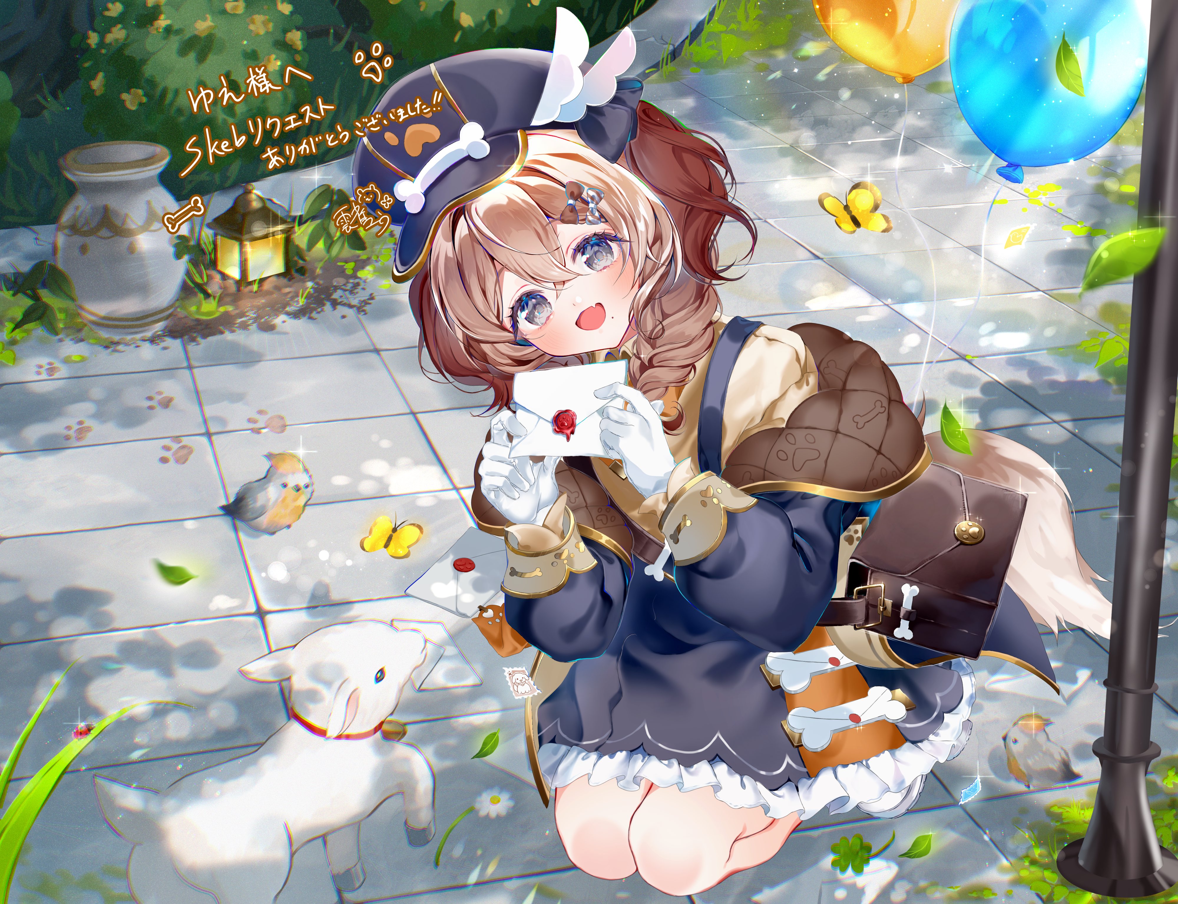 hibari yuu, original, absurdres, commission, highres, skeb commission, 1girl, animal, baby animal, bag, balloon, bird, black dress, black hat, braid, brown hair, bush, dress, dress over shirt, frilled dress, frills, gloves, grey eyes, hat, holding, holding letter, lamb, leash, letter, long hair, long sleeves, off shoulder, open mouth, outdoors, sheep, shirt, shoulder bag, single braid, smile, solo, tile floor, tiles, vase, white gloves, yellow shirt