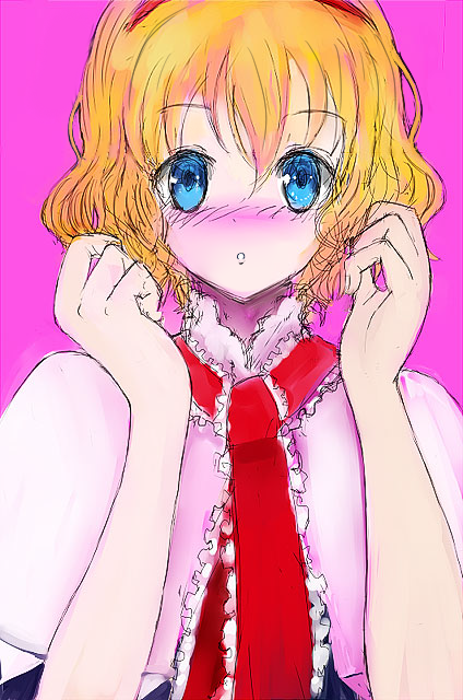 amii, alice margatroid, touhou, bad id, bad pixiv id, 1girl, blonde hair, blush, female focus, short hair, simple background, solo, upper body
