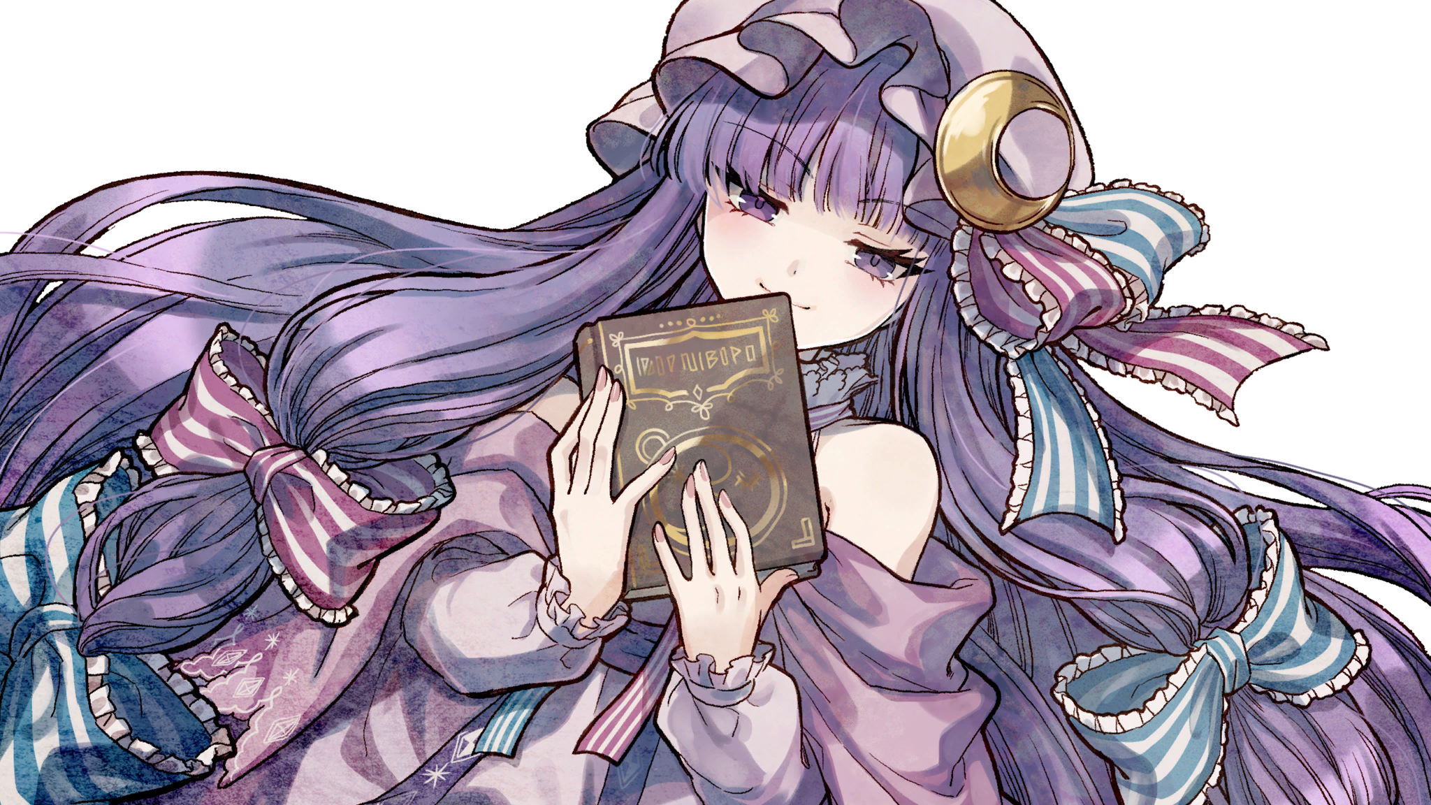 socha, patchouli knowledge, touhou, game cg, highres, non-web source, official art, second-party source, 1girl, blue bow, book, bow, closed mouth, crescent, crescent hat ornament, dress, embellished costume, hair bow, hat, hat ornament, holding, holding book, long hair, long sleeves, looking at viewer, marisa of liartop mountain, mob cap, multiple hair bows, pink bow, pink dress, pink hat, purple eyes, purple hair, smile, solo, transparent background, very long hair