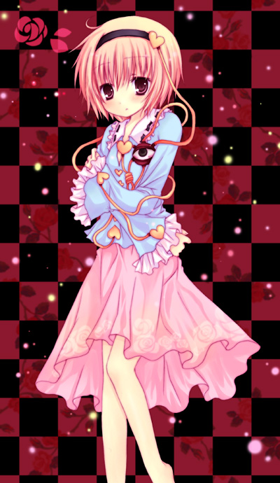 mizuse ruka, komeiji satori, touhou, 1girl, checkered background, female focus, heart, long sleeves, looking at viewer, pink eyes, pink hair, pink skirt, short hair, simple background, skirt, solo, string, third eye