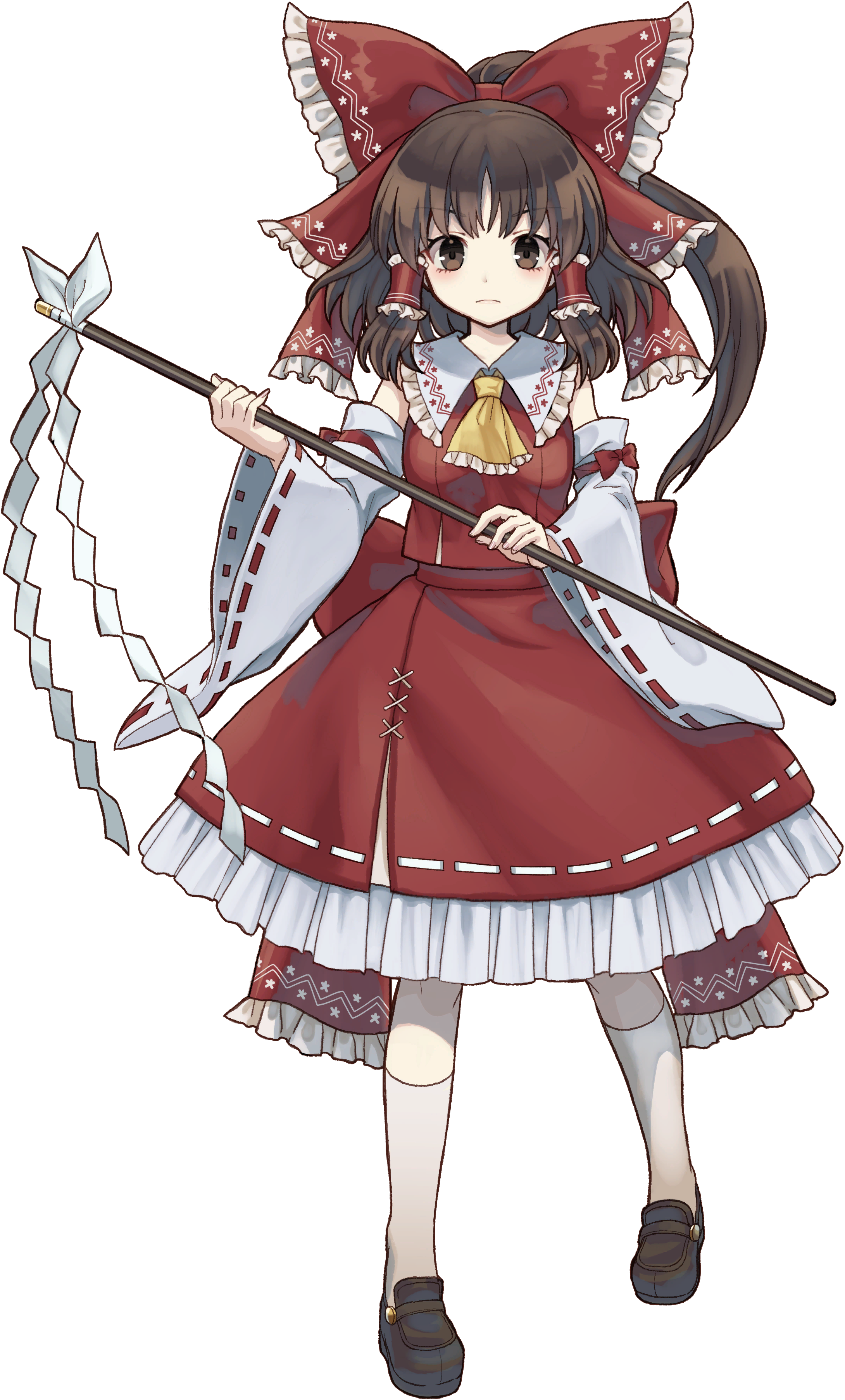 socha, hakurei reimu, touhou, absurdres, game cg, highres, non-web source, official art, second-party source, 1girl, ascot, back bow, bow, brown eyes, brown hair, closed mouth, detached sleeves, embellished costume, frilled bow, frilled hair tubes, frills, full body, gohei, hair bow, hair tubes, holding, holding gohei, long hair, looking at viewer, marisa of liartop mountain, red bow, red skirt, ribbon-trimmed skirt, ribbon-trimmed sleeves, ribbon trim, skirt, skirt set, solo, transparent background, yellow ascot