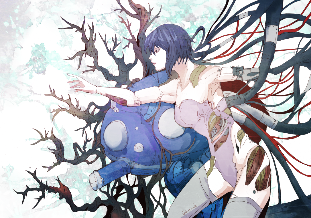 ruka (blueplus84), kusanagi motoko, tachikoma, ghost in the shell, 1girl, blue hair, breasts, cable, cyborg, grey thighhighs, leotard, mechabare, medium breasts, outstretched arm, purple leotard, short hair, strapless, strapless leotard, thighhighs, twitter username, wire