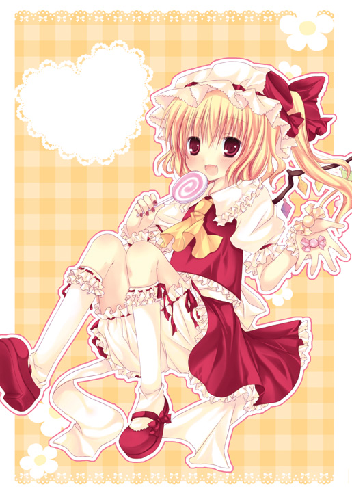 mizuse ruka, flandre scarlet, touhou, bad id, bad pixiv id, 1girl, blonde hair, bloomers, candy, female focus, food, hat, lollipop, red eyes, ribbon, sitting, solo, swirl lollipop, underwear