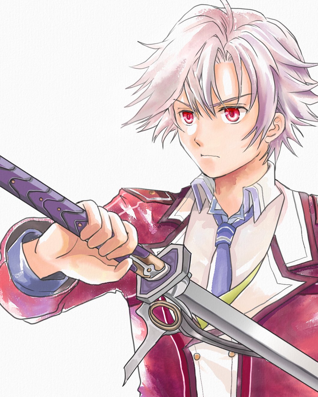 koyagistock, rean schwarzer, eiyuu densetsu, sen no kiseki (series), sen no kiseki i, highres, 1boy, blue necktie, curtained hair, folded collar, hair between eyes, holding, holding sword, holding weapon, jacket, male focus, necktie, parted bangs, red eyes, short hair, simple background, solo, sword, tachi (weapon), thors military academy class vii uniform, upper body, weapon, white background, white hair