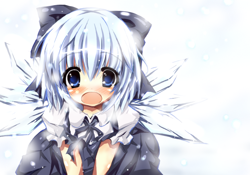 satou kuroon, cirno, touhou, bad id, bad pixiv id, 1girl, blue eyes, blue hair, blush, bow, female focus, hair bow, ice, matching hair/eyes, open mouth, ribbon, short hair, snowing, solo, white background, wings
