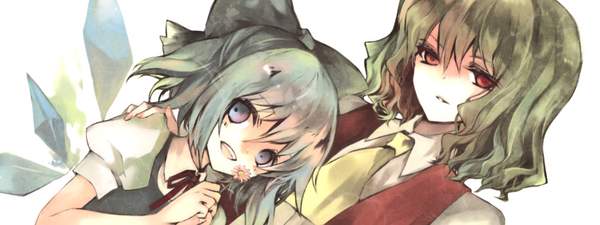 hina (pico), hina (pixiv), cirno, kazami yuuka, touhou, 2girls, ascot, blue eyes, blue hair, bow, dutch angle, flower, green hair, hair bow, holding, holding flower, multiple girls, necktie, red eyes, ribbon, short hair, smile, vest, wings