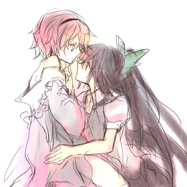 hina (pico), hina (pixiv), komeiji satori, reiuji utsuho, touhou, 2girls, black hair, bow, eye contact, female focus, hair bow, imminent kiss, long hair, looking at another, multiple girls, off shoulder, pink hair, ribbon, short hair, wings, yuri