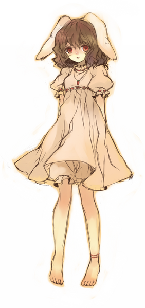 hina (pico), hina (pixiv), inaba tewi, touhou, 1girl, animal ears, anklet, barefoot, black hair, female focus, full body, jewelry, rabbit ears, red eyes, simple background, solo, standing, white background