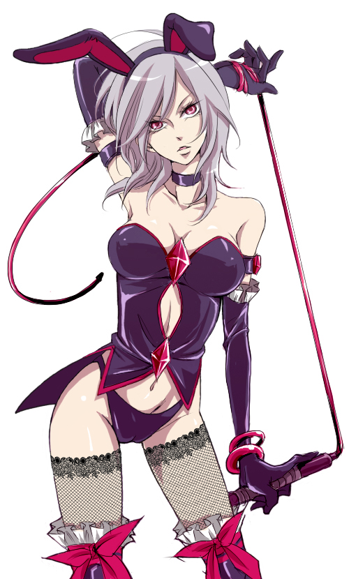 meguro, eas (fresh precure!), higashi setsuna, fresh precure!, precure, black neckwear, silver hair, 00s, 1girl, animal ears, breasts, cameltoe, choker, cleavage, dominatrix, elbow gloves, eyelashes, fake animal ears, female focus, fishnet thighhighs, fishnets, gloves, large breasts, looking at viewer, parted lips, playboy bunny, rabbit ears, red eyes, solo, thighhighs, whip