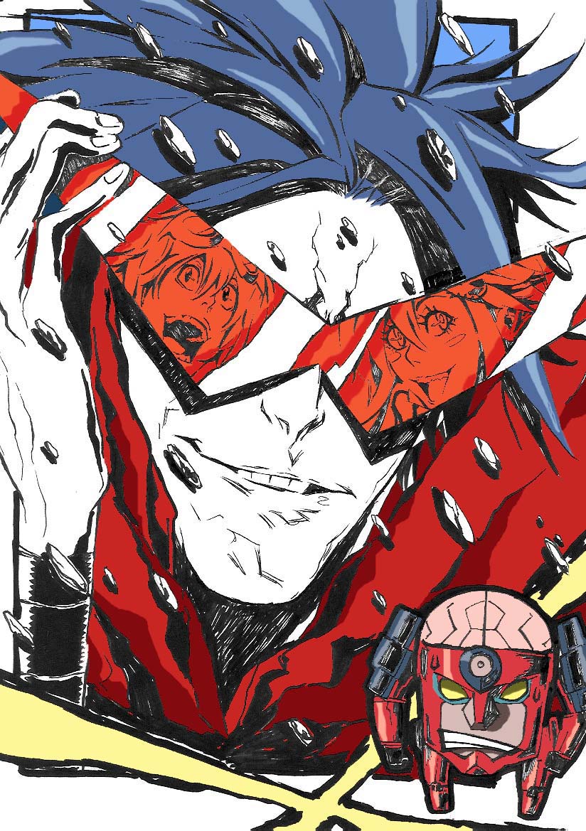 kamina (ttgl), lagann, simon (ttgl), yoko littner, tengen toppa gurren lagann, self-upload, 00s, blue hair, glasses, kamina shades, male focus, reflection, solo, triangular eyewear