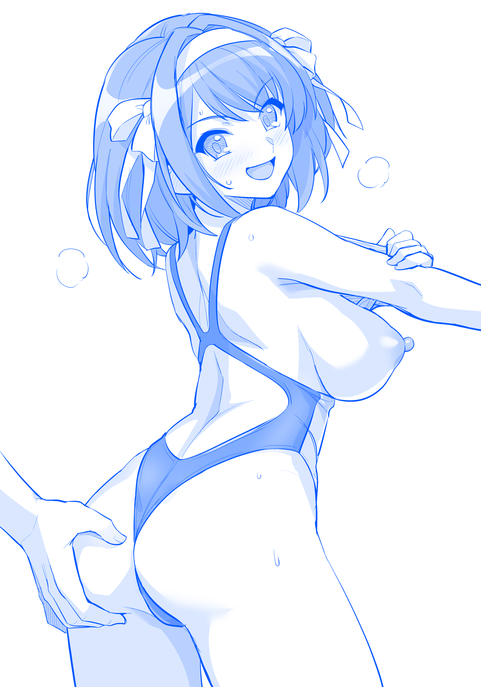 haruhisky, suzumiya haruhi, suzumiya haruhi no yuuutsu, absurdres, highres, 1girl, 1other, ass, back, blue theme, breasts, grabbing another's ass, groping, hairband, large breasts, monochrome, nipples, one-piece swimsuit, open mouth, school swimsuit, short hair, simple background, smile, swimsuit, thighs
