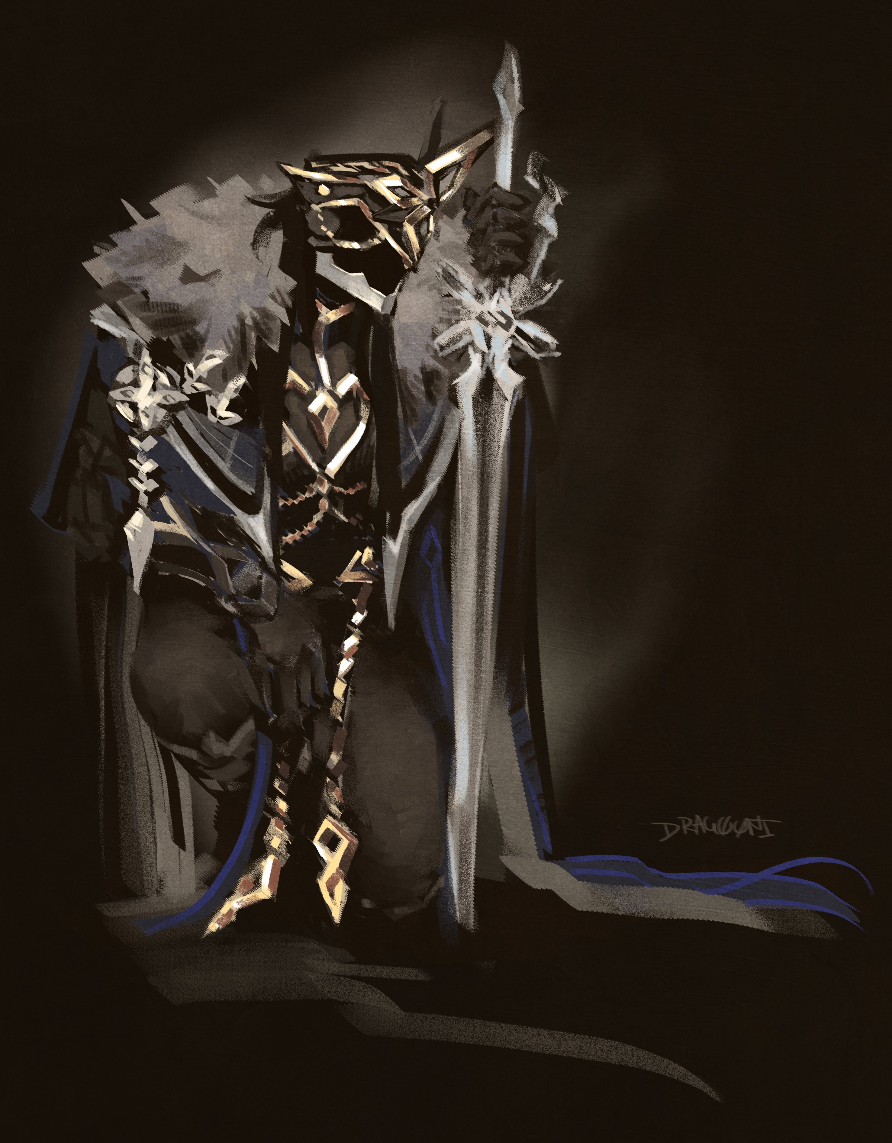 drag00ni, capitano (genshin impact), genshin impact, absurdres, commentary, english commentary, highres, 1boy, black cape, black hair, black helmet, black pants, black shirt, black theme, cape, fur-trimmed cape, fur trim, gold trim, helmet, holding, holding sword, holding weapon, kneeling, long hair, male focus, pants, planted, planted sword, planted weapon, shirt, solo, sword, weapon