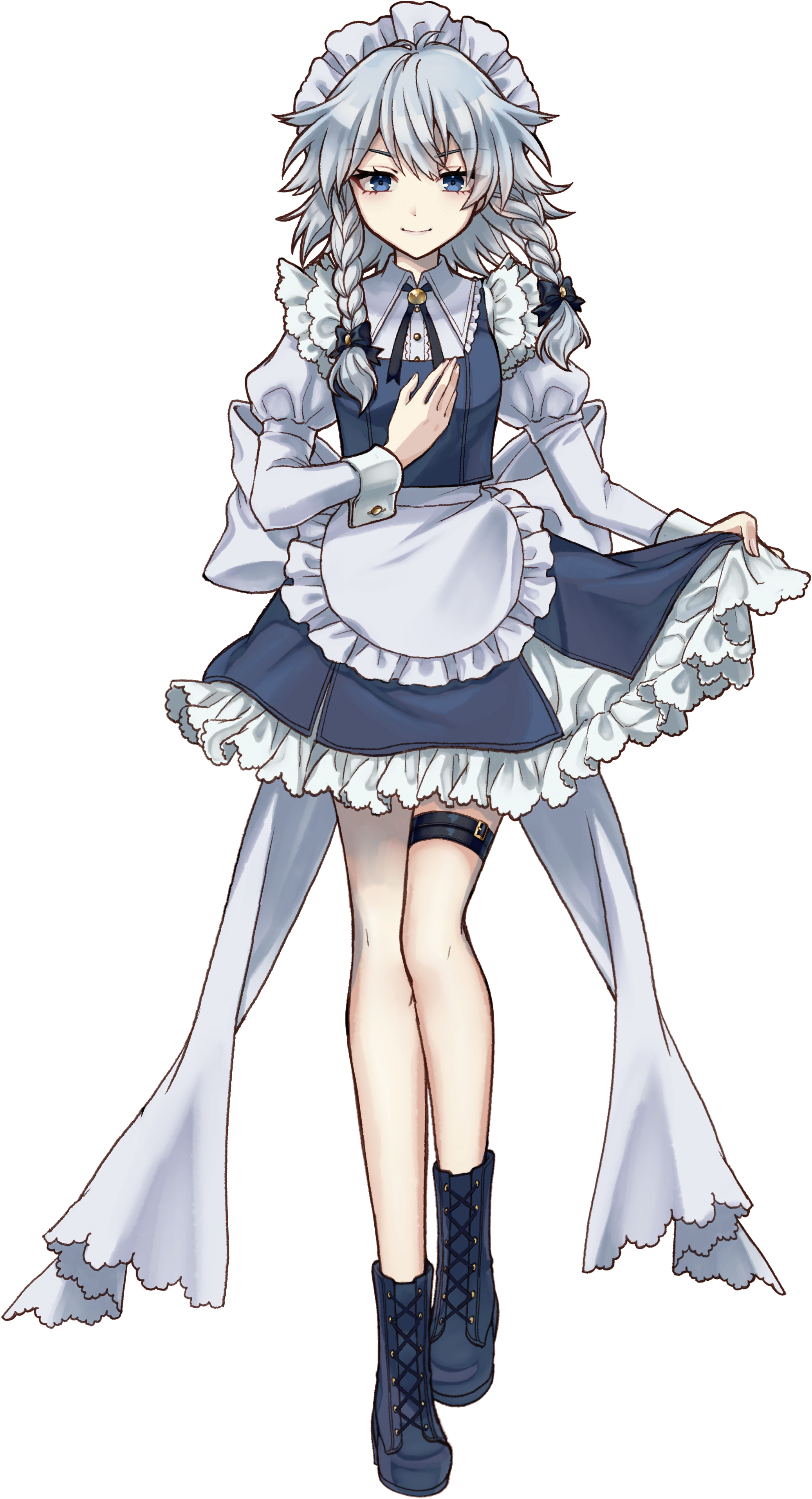 socha, izayoi sakuya, touhou, absurdres, game cg, highres, non-web source, official art, second-party source, 1girl, apron, back bow, belt, black bow, blue boots, blue eyes, blue skirt, blue vest, boots, bow, braid, closed mouth, collared shirt, frilled shirt collar, frills, full body, grey hair, hair bow, juliet sleeves, lace-up boots, long hair, long sleeves, looking at viewer, maid, maid headdress, marisa of liartop mountain, puffy sleeves, shirt, skirt, skirt hold, smile, solo, thigh belt, thigh strap, transparent background, twin braids, vest, waist apron, white apron, white bow, white shirt