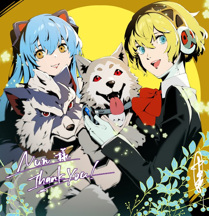 nakano maru, aigis (persona), koromaru (persona), tio plato, zeit, eiyuu densetsu, persona, persona 3, zero no kiseki, commentary, commission, english commentary, skeb commission, 2girls, android, animal ears, blonde hair, blue eyes, blue hair, bow, cat ears, dog, fake animal ears, gekkoukan high school uniform, hairband, long hair, looking at viewer, multiple girls, open mouth, red bow, school uniform, short hair, smile, yellow eyes