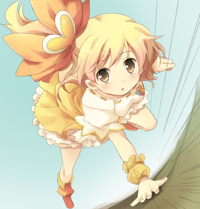 suimya, cure pine, yamabuki inori, fresh precure!, precure, 00s, 1girl, blonde hair, brown eyes, female focus, fisheye, hair ornament, heart, heart hair ornament, magical girl, motion lines, solo, speed lines