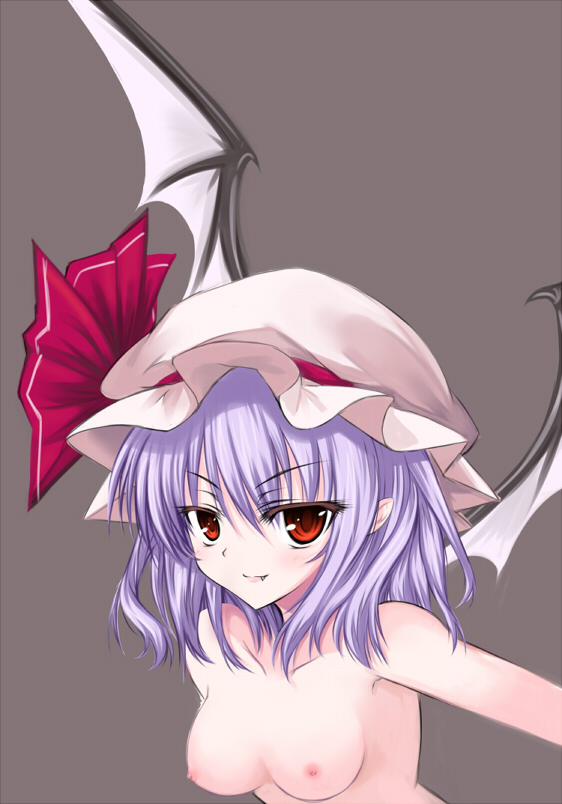 utakata (kochou no yume), remilia scarlet, touhou, light purple hair, 1girl, bat wings, breasts, fang, female focus, hat, nipples, pointy ears, purple hair, red eyes, simple background, solo, topless frame, upper body, wings