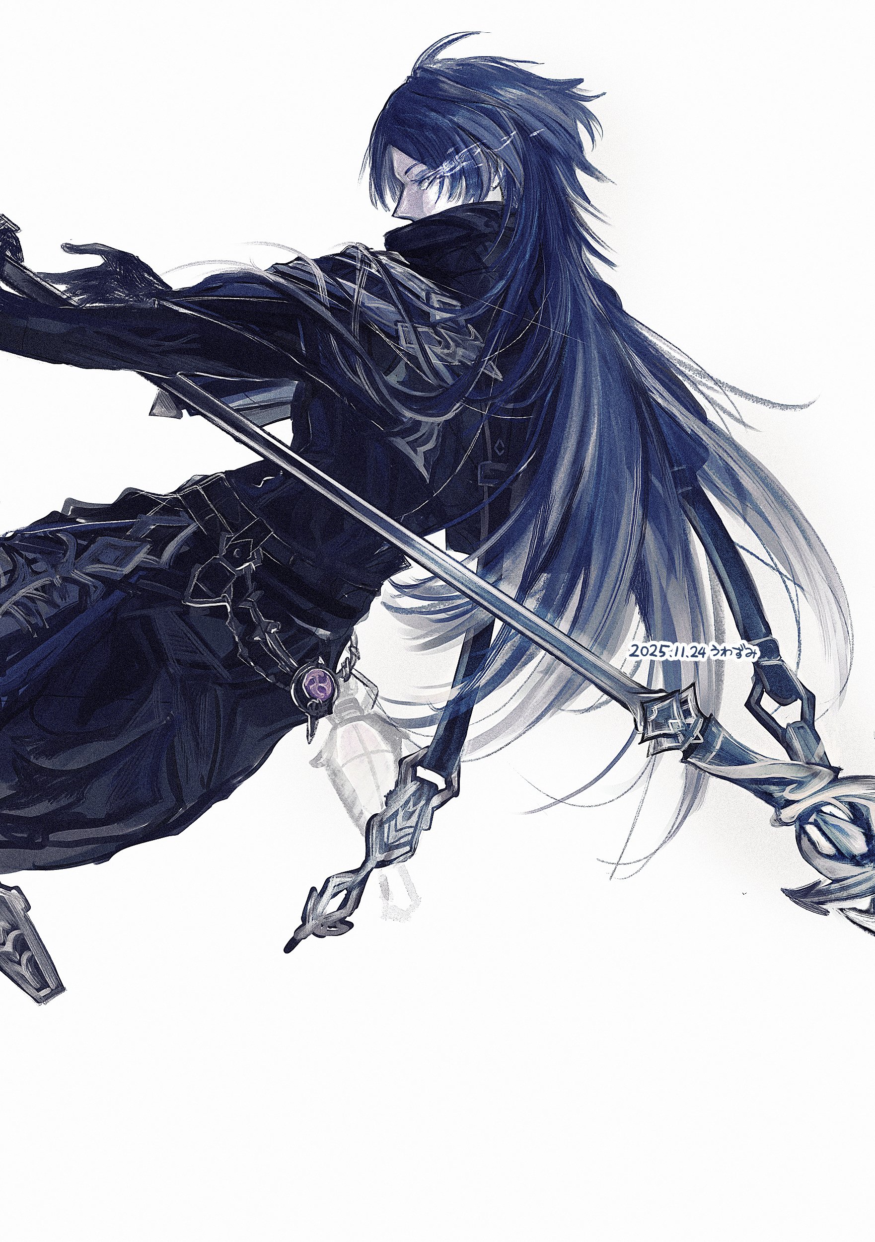uwazumi yodomi, flins (genshin impact), genshin impact, absurdres, hashtag-only commentary, highres, 1boy, belt, black belt, black capelet, bloodsoaked ruins (genshin impact), blue hair, capelet, dated, dutch angle, gradient hair, holding, holding polearm, holding weapon, long hair, looking back, male focus, multicolored hair, parted bangs, polearm, simple background, solo, weapon, white background