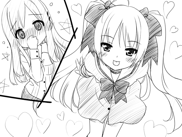 kani biimu, houraisen runa, suminoe takako, sono hanabira ni kuchizuke wo, 2girls, :p, age difference, blush, greyscale, hair ornament, hair ribbon, hairclip, heart, infatuation, monochrome, multiple girls, office lady, ribbon, star (symbol), teacher, teacher and student, tongue, tongue out, twintails, yuri