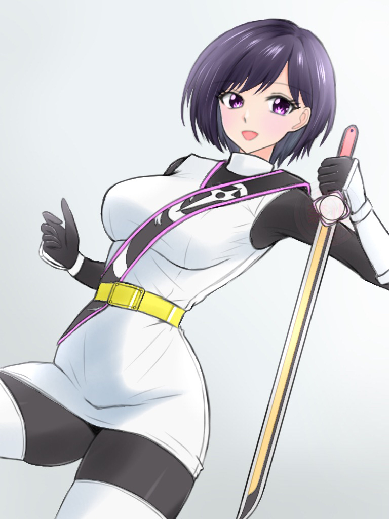 rai3star, igasaki fuuka, shuriken sentai ninninger, super sentai, tokusatsu, commentary, 1girl, :d, animification, belt, belt buckle, black bodysuit, black gloves, black hair, black pantyhose, black sash, blush, bob cut, bodysuit, breasts, buckle, cowboy shot, dutch angle, gauntlets, gloves, gold belt, high collar, holding, holding sword, holding weapon, light blush, looking at viewer, medium breasts, multicolored bodysuit, ninja, no headwear, open mouth, pantyhose, pink eyes, pink trim, sash, shironinger, short hair, simple background, smile, solo, swept bangs, sword, thighhighs, two-tone bodysuit, watermark, weapon, white background, white bodysuit, white thighhighs