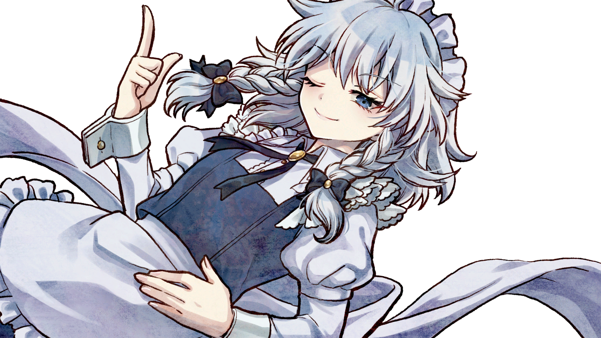 socha, izayoi sakuya, touhou, game cg, highres, non-web source, official art, second-party source, 1girl, apron, black bow, blue eyes, bow, braid, closed mouth, grey hair, hair bow, juliet sleeves, long hair, long sleeves, looking at viewer, maid, maid headdress, marisa of liartop mountain, one eye closed, puffy sleeves, smile, transparent background, twin braids, waist apron, white apron