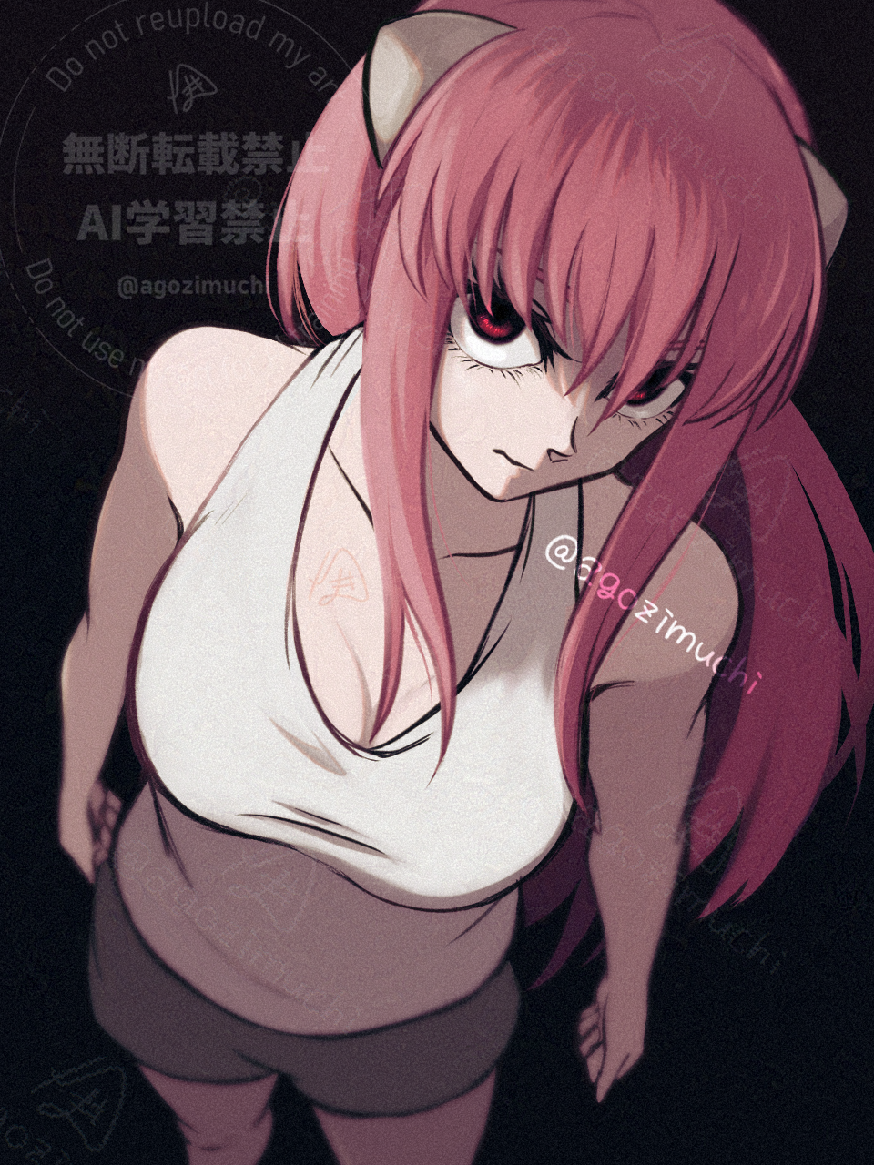 lucy (elfen lied), elfen lied, highres, 1girl, angry, breasts, chimaki (agozimuchi), cleavage, closed mouth, eyelashes, from above, horns, large breasts, long hair, looking at viewer, pink hair, red eyes, shorts, solo, tank top, watermark