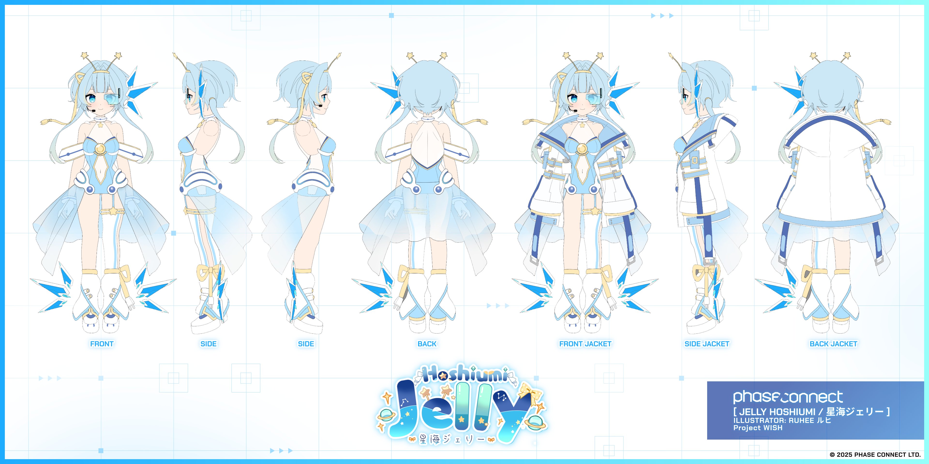 ruhee, jelly hoshiumi, phase connect, absurdres, commentary request, highres, official art, second-party source, textless version, 1girl, bare shoulders, blue dress, blue eyes, blue hair, breasts, closed mouth, collarbone, covered navel, dress, from behind, from side, hair intakes, hairband, headset, jacket, jelly hoshiumi (wish), long hair, long sleeves, loose socks, multiple views, open clothes, open jacket, platform shoes, reference sheet, scouter, see-through clothes, shoes, single thighhigh, sleeves past fingers, sleeves past wrists, small breasts, smile, socks, star (symbol), star in eye, symbol in eye, thighhighs, twitter username, virtual youtuber, white background, white jacket, white shoes, white socks, white thighhighs, yellow hairband, zoom layer