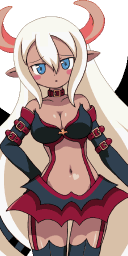 kiara, doki doki majo shinpan, animated, animated gif, 1girl, aqua eyes, blinking, blue eyes, blush, bouncing breasts, breasts, collar, dark-skinned female, dark skin, elbow gloves, female focus, gloves, horns, large breasts, long hair, navel, open mouth, pointy ears, skirt, solo, strap, thighhighs, very long hair, white hair