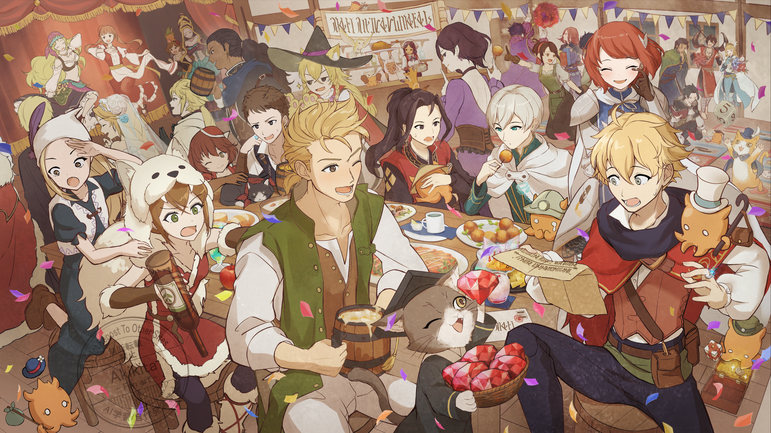 tarayuki, agnea bristarni, hikari ku, ochette (octopath traveler), temenos mistral, throne anguis, octopath traveler, octopath traveler: champions of the continent, character request, commentary request, highres, 6+boys, 6+girls, ?, alcohol, alfyn greengrass, animal ears, armor, beer, beer mug, belt pouch, bindle, bird, black hair, blonde hair, blue flower, book, bottle, bouquet, box, bread, breasts, brown eyes, brown gloves, bunting, cane, cape, cat, chair, cleavage, confetti, cup, curtains, drink, earrings, everyone, flower, food, fur-trimmed cape, fur trim, gem, gift, gift box, gloves, green eyes, green vest, grey eyes, hat, hat flower, holding, holding bottle, holding bouquet, jewelry, mahina (octopath traveler), mining helmet, mug, multiple boys, multiple girls, necklace, one eye closed, open mouth, orange hair, owl, pearl necklace, plate, pointing, pouch, purple flower, red flower, red hair, rice hat, ring, stage curtains, table, tears, top hat, treasure chest, vest, watermark, witch hat