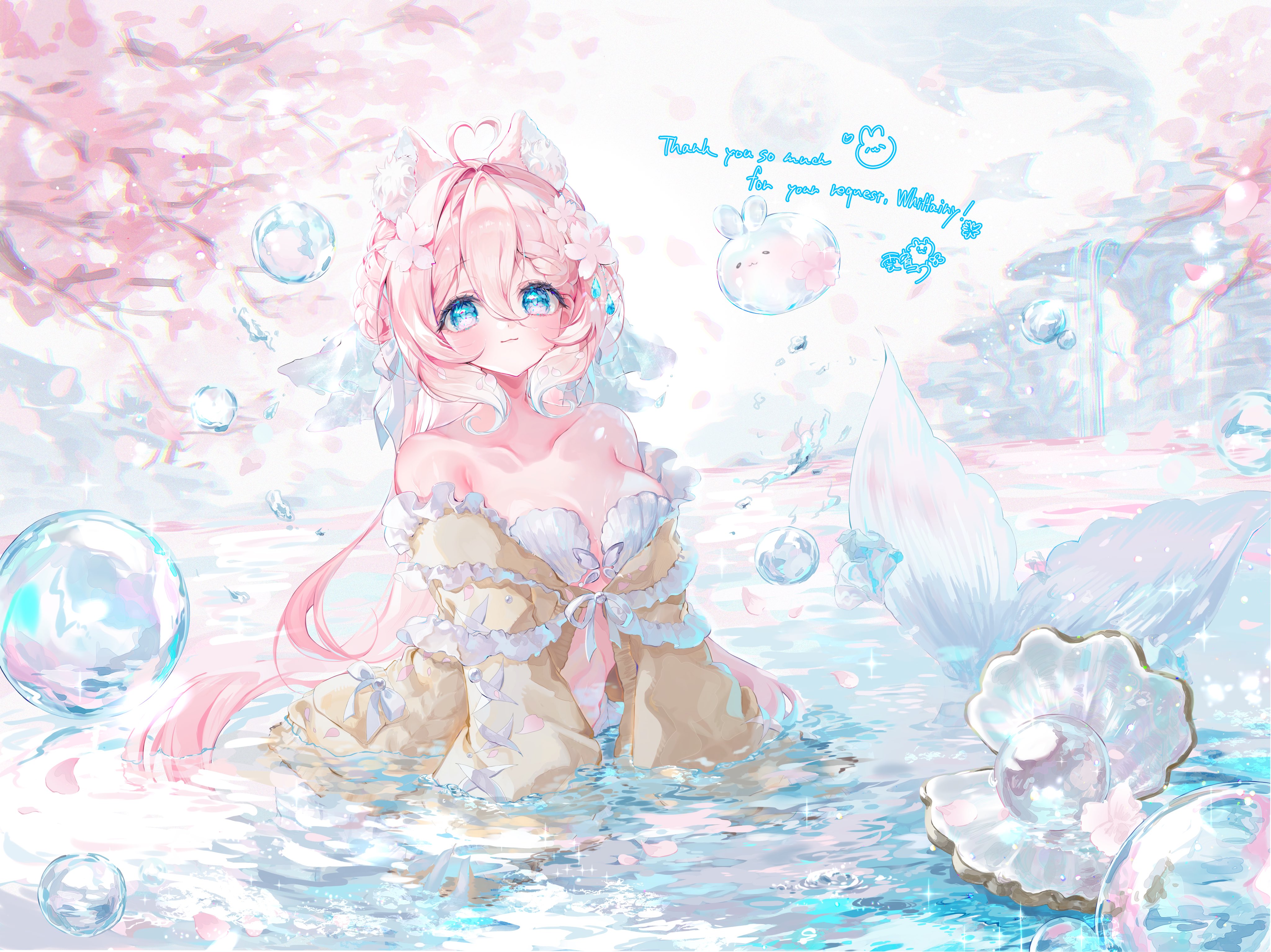 hibari yuu, indie virtual youtuber, absurdres, commission, highres, skeb commission, 1girl, ahoge, animal ear fluff, animal ears, bare shoulders, bikini, blue eyes, breasts, brown jacket, bubble, cat ears, cherry blossoms, clam, collarbone, fins, fish tail, flower, gem, hair flower, hair ornament, heart, heart ahoge, jacket, large breasts, long hair, mermaid, monster girl, off shoulder, partially submerged, pearl (gemstone), pink flower, pink hair, shell, shell bikini, solo, swimsuit, tail, virtual youtuber, water, whiffairy (vtuber)