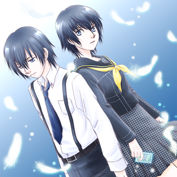 sakura (pixiv), sakura (sakura ne), shadow (persona), shirogane naoto, atlus, persona, persona 4, bad id, bad pixiv id, 2girls, androgynous, blue eyes, blue hair, card, card with aura, dual persona, feathers, holding, holding card, multiple girls, necktie, reverse trap, school uniform, serafuku, short hair, skirt, suspenders