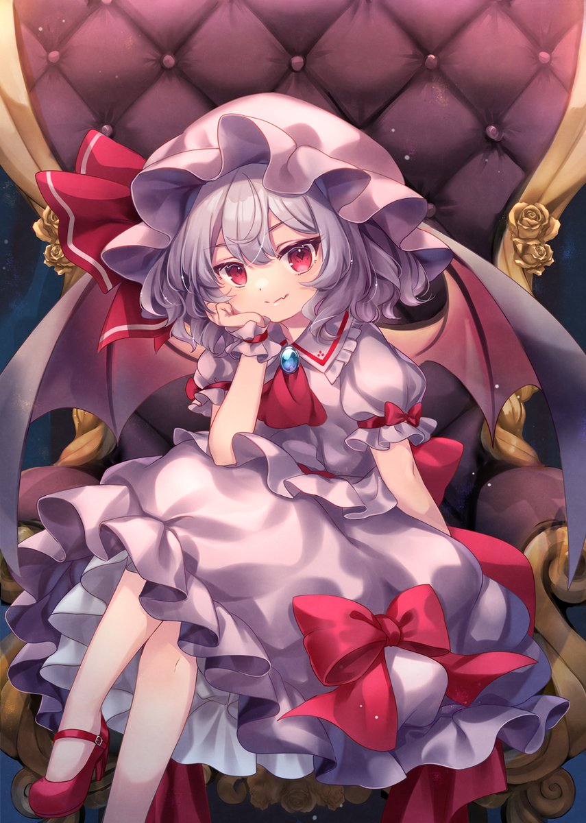 mimi (mimi puru), remilia scarlet, touhou, highres, 1girl, ascot, bat wings, bow, brooch, chair, closed mouth, fang, fang out, foot out of frame, frilled shirt collar, frilled skirt, frills, grey hair, grey shirt, grey skirt, hand on own cheek, hand on own face, hat, hat ribbon, jewelry, light smile, looking at viewer, medium hair, mob cap, puffy short sleeves, puffy sleeves, red ascot, red bow, red ribbon, red shoes, ribbon, shirt, shoes, short sleeves, sitting, sitting on throne, skin fang, skirt, skirt set, solo, throne, wings, wrist cuffs