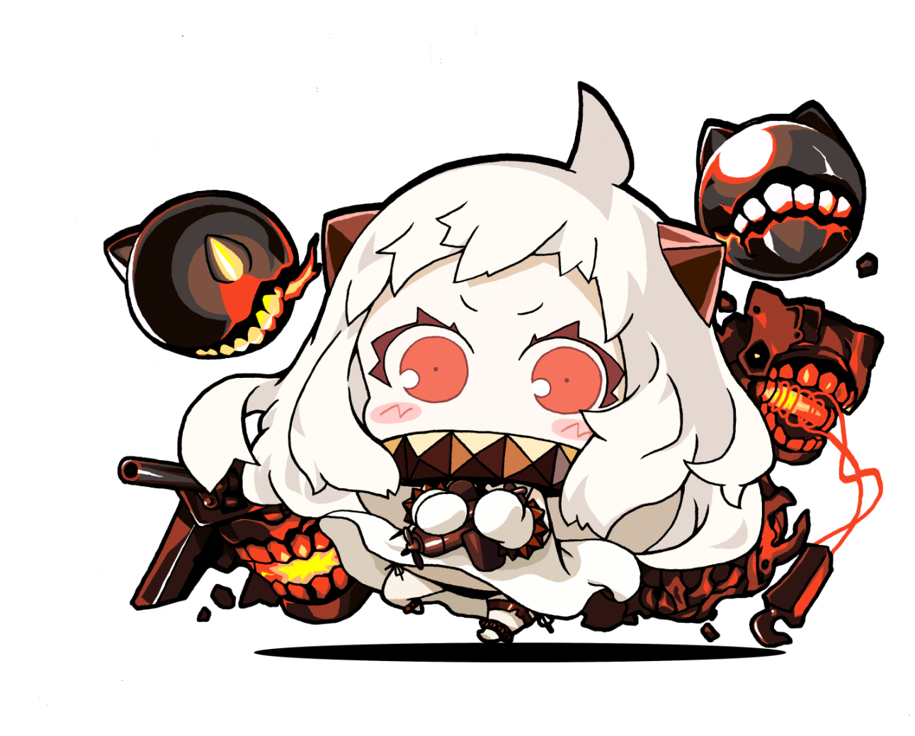 yagumo kengou, enemy aircraft (kancolle), northern ocean princess, kantai collection, 1girl, abyssal ship, aircraft, airplane, blush, chibi, chibi only, colored skin, dress, holding, horns, long hair, mittens, red eyes, simple background, teeth, white background, white dress, white hair, white mittens, white skin