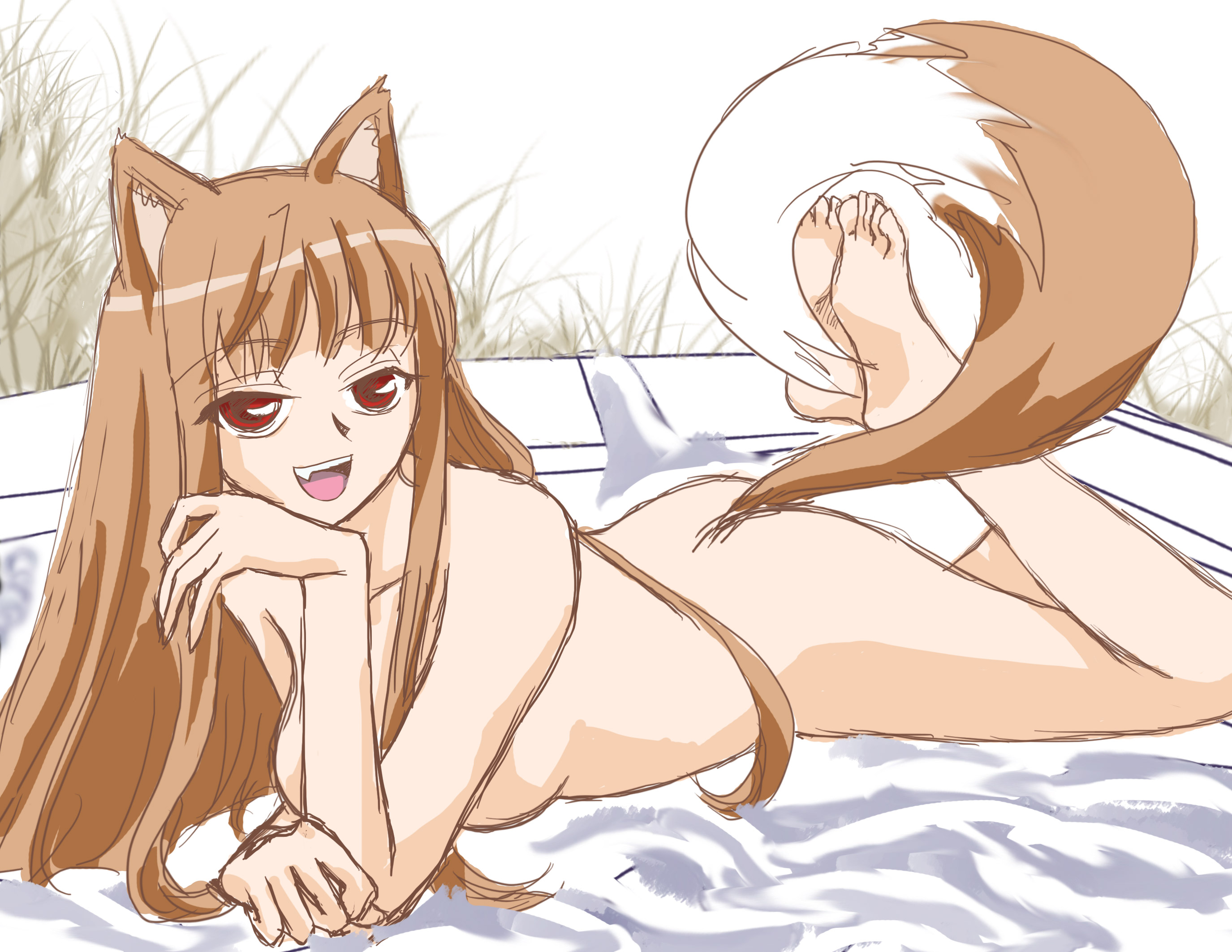 holo, spice and wolf, highres, 00s, 1girl, animal ears, breasts, brown hair, female focus, long hair, medium breasts, nude, outdoors, red eyes, solo, tail, wolf ears, wolf tail, zenra