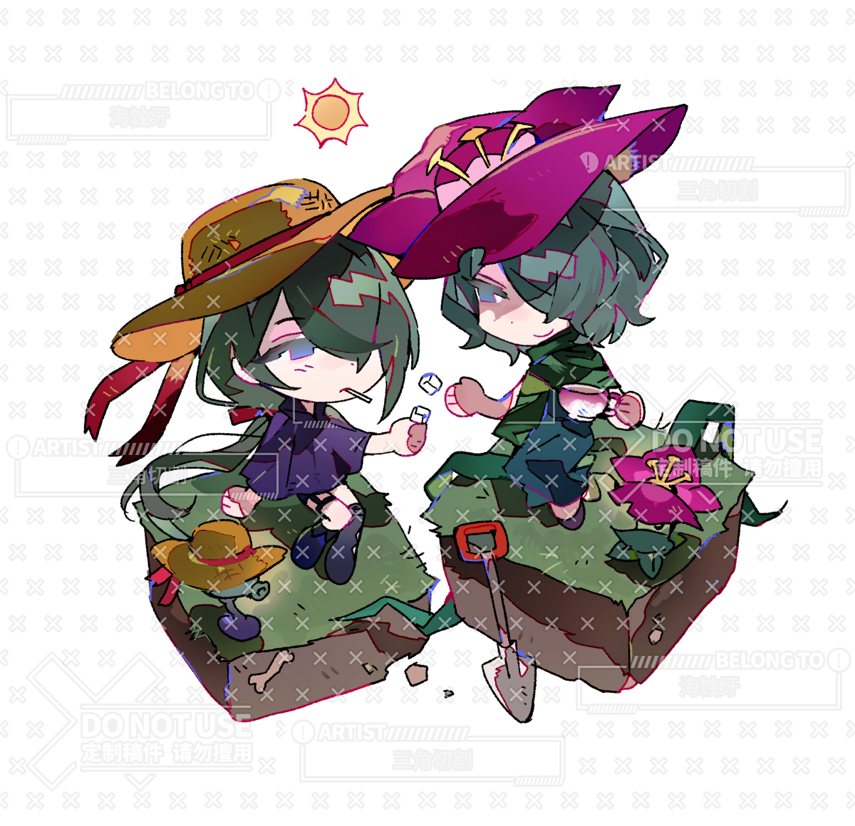 grimrose (plants vs. zombies), shadow peashooter (plants vs. zombies), plants vs. zombies, plants vs. zombies 2, chinese commentary, commentary request, commission, 1boy, 1girl, androgynous, arm support, black boots, black shorts, blue dress, blue eyes, bone, boots, bow, brown hat, capelet, chibi, chibi only, closed mouth, cup, dot nose, dress, eye contact, fewer digits, flower, frown, full body, garter straps, green capelet, green hair, hair bow, hair flower, hair ornament, hair over one eye, hat, hat ribbon, holding, holding cup, hunpomenghuanzhuanchaiqinglu, knee boots, long dress, long hair, long skirt, looking at another, low ponytail, male focus, mouth hold, no pupils, official alternate costume, on grass, one eye covered, pencil dress, personification, pink flower, plant, ponytail, purple capelet, purple shoes, red bow, red ribbon, ribbon, shaded face, shoes, short hair, shorts, shovel, simple background, single garter strap, sitting, skirt, smile, straw hat, teacup, thigh strap, trap, very long hair, watermark, white background