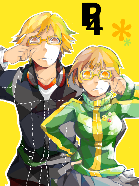 56, 56 (pixiv), hanamura yousuke, satonaka chie, atlus, persona, persona 4, bad id, bad pixiv id, 1boy, 1girl, blonde hair, brown eyes, brown hair, couple, glasses, headphones, hetero, jacket, lapel pin, pin, school uniform, short hair, skirt, track jacket, yellow-framed eyewear, yellow eyes
