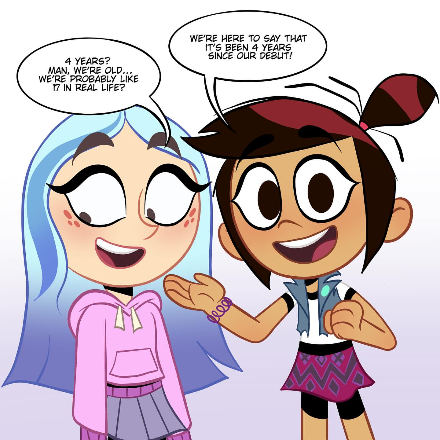 joseartcentenoofficial, andrea davenport, molly mcgee, the ghost and molly mcgee, commentary, english commentary, highres, 2girls, blue hair, bracelet, brown hair, clenched hand, drawstring, english text, eyeshadow, feet out of frame, freckles, hair tie, high ponytail, hood, hoodie, jewelry, long hair, looking at viewer, makeup, multiple girls, nose, open mouth, pink hoodie, pleated skirt, ponytail, purple eyeshadow, raised eyebrows, ringer t-shirt, shirt, short hair, short ponytail, skirt, smile, speech bubble, teeth, tongue, toon (style), torn vest, upper teeth only