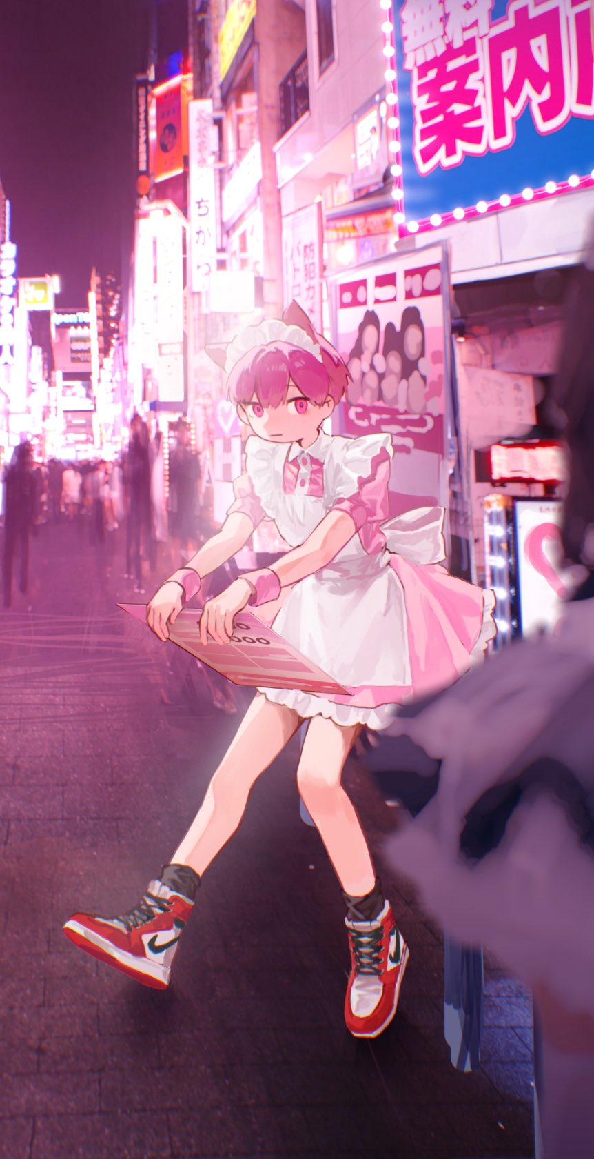 ishida (segu ishida), original, highres, 1boy, animal ears, apron, cat boy, cat ears, city, closed mouth, dress, frilled dress, frills, holding, holding sign, looking at viewer, maid apron, maid headdress, male focus, outdoors, pink dress, pink eyes, short hair, sign, solo, standing, wrist cuffs