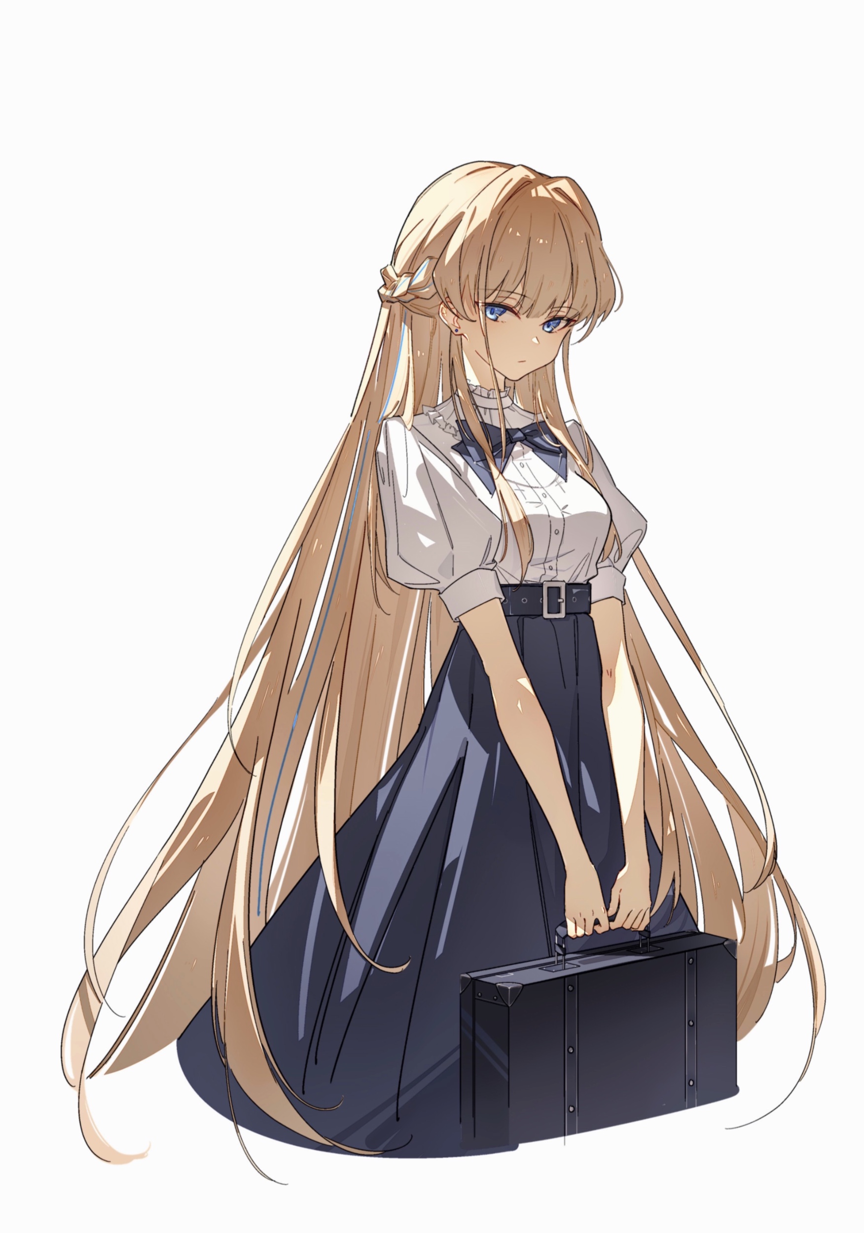 tugdkirwadxxx, toki (blue archive), blue archive, absurdres, highres, 1girl, alternate costume, bag, blonde hair, blue bow, blue bowtie, blue eyes, blue hair, bow, bowtie, braid, breasts, briefcase, closed mouth, expressionless, half up braid, high-waist skirt, holding, holding bag, holding briefcase, long hair, long skirt, looking at viewer, looking to the side, medium breasts, multicolored hair, puffy short sleeves, puffy sleeves, shirt, short sleeves, simple background, skirt, solo, streaked hair, upper body, very long hair, white background, white shirt