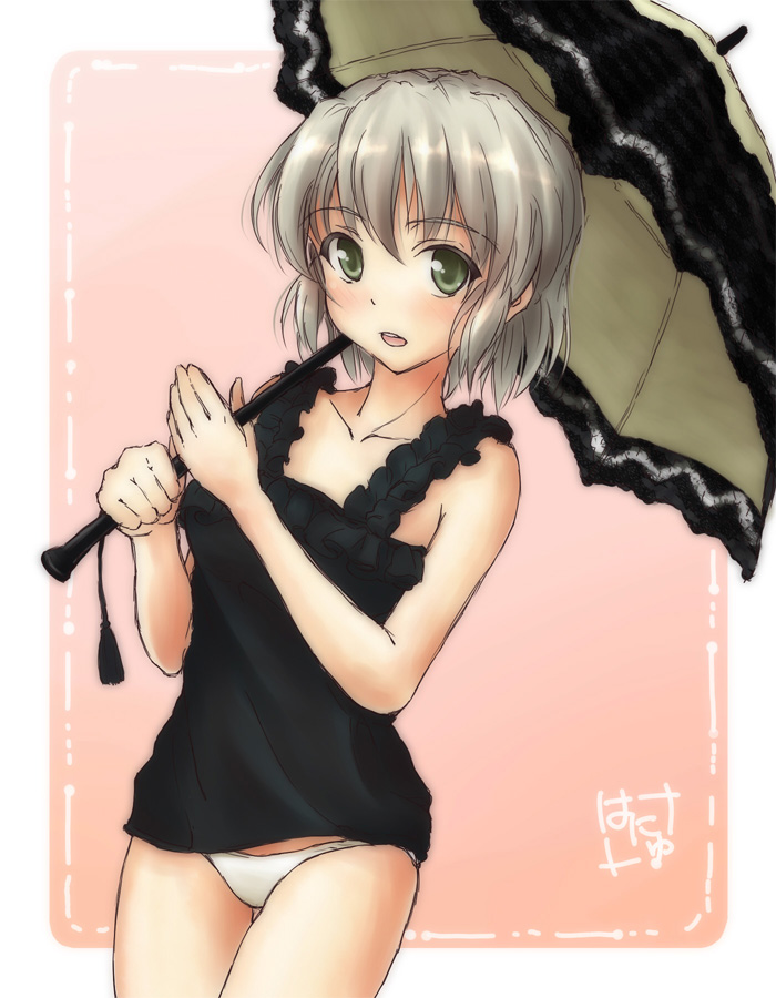 sanya v. litvyak, hanyu, strike witches, world witches series, silver hair, 00s, 1girl, blush, female focus, green eyes, lingerie, nightgown, no pants, open mouth, panties, parasol, short hair, sidelocks, signature, solo, thigh gap, thighs, umbrella, underwear