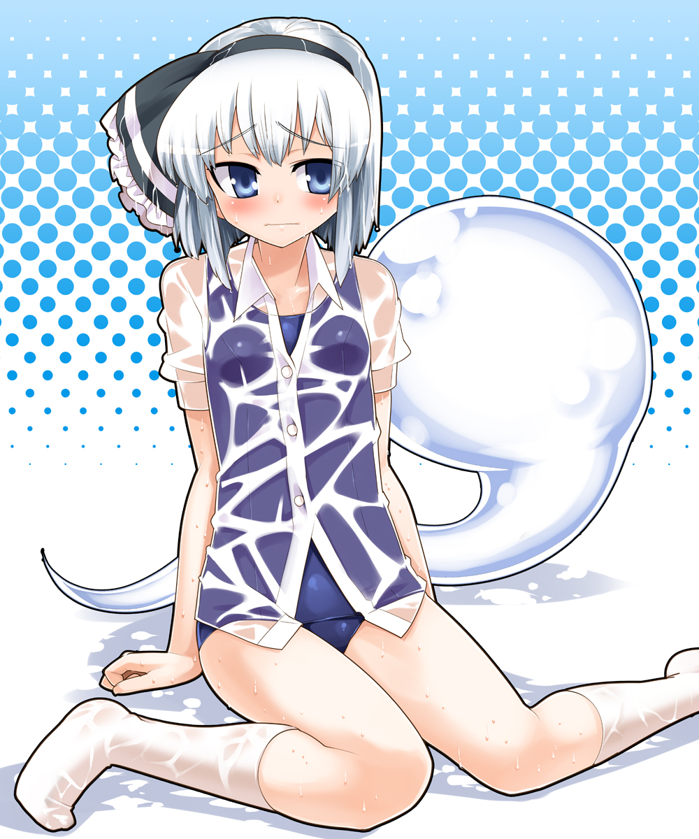 gengorou, konpaku youmu, konpaku youmu (ghost), touhou, silver hair, bad id, bad pixiv id, highres, 1girl, blue eyes, blush, female focus, ghost, halftone, halftone background, hitodama, kneehighs, no pants, one-piece swimsuit, school swimsuit, see-through clothes, shiny clothes, shirt, short hair, sitting, socks, solo, swimsuit, swimsuit under clothes, wariza, wavy mouth, wet, wet clothes, wet shirt, white socks