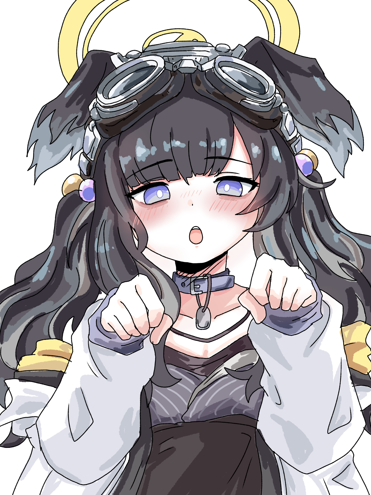 tachikaze miyako, hibiki (blue archive), blue archive, commentary request, highres, 1girl, animal ears, black hair, blue eyes, dog ears, dog girl, engineering department (blue archive), eyewear on head, goggles, goggles on head, halo, long hair, looking at viewer, solo, yellow halo