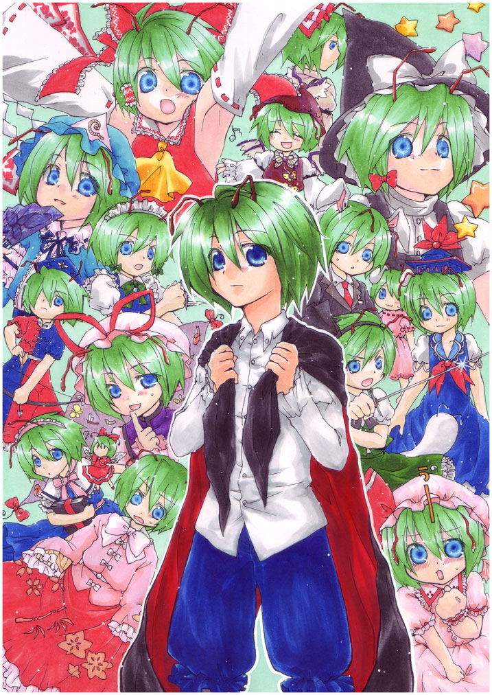 itetaki, alice margatroid, fujiwara no mokou, hakurei reimu, houraisan kaguya, inaba tewi, izayoi sakuya, kamishirasawa keine, kirisame marisa, konpaku youmu, konpaku youmu (ghost), mystia lorelei, reisen udongein inaba, remilia scarlet, saigyouji yuyuko, wriggle nightbug, yagokoro eirin, yakumo yukari, touhou, marker (medium), traditional media, 6+girls, :3, alice margatroid (cosplay), animal ears, antennae, armpits, arrow (projectile), ascot, blue eyes, blush, blush stickers, book, bow, bow (weapon), bug, butterfly, buttons, cape, closed eyes, cosplay, detached sleeves, dress, everyone, female focus, frills, from behind, fujiwara no mokou (cosplay), green hair, hair bow, hairband, hakurei reimu (cosplay), hand fan, hat, hat bow, houraisan kaguya (cosplay), inaba tewi (cosplay), izayoi sakuya (cosplay), kamishirasawa keine (cosplay), kemonomimi mode, kirisame marisa (cosplay), knife, konpaku youmu (cosplay), looking at viewer, maid, maid headdress, multiple girls, multiple persona, musical note, mystia lorelei (cosplay), ofuda, open mouth, rabbit ears, reisen udongein inaba (cosplay), remilia scarlet (cosplay), saigyouji yuyuko (cosplay), star (symbol), sword, triangular headpiece, weapon, wings, witch hat, wrist cuffs, yagokoro eirin (cosplay), yakumo yukari (cosplay)