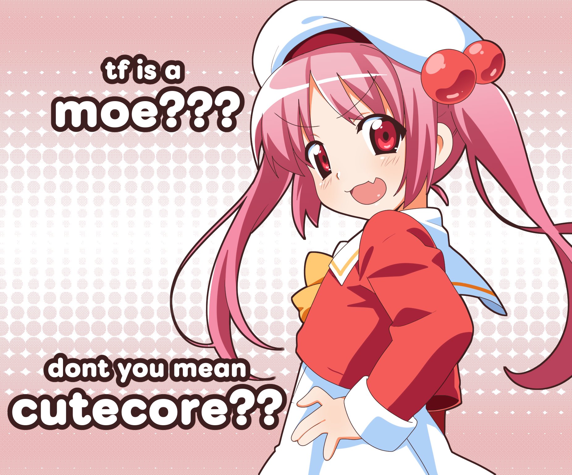 bk (barakoodra), pinterest, highres, 1girl, 2000s (style), :d, blush, english text, fang, from side, hair bobbles, hair ornament, hand on own hip, hat, looking to the side, open mouth, parted bangs, personification, pink hair, pinterest-chan (barakoodra), red eyes, skin fang, smile, solo, twintails, v-shaped eyebrows, white hat