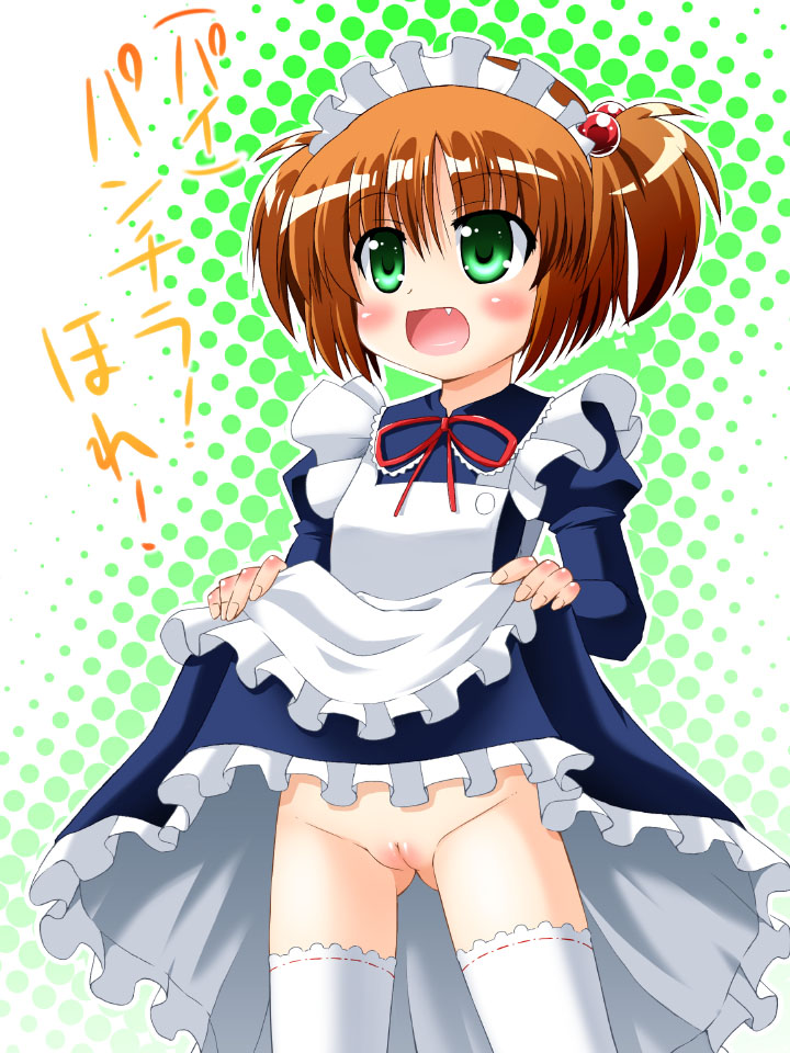hino hino, kataoka yuuki, saki (manga), translated, 00s, 1girl, blush, brown hair, cleft of venus, clothes lift, dress, dress lift, fang, female focus, green eyes, hair bobbles, hair ornament, loli, maid, maid headdress, no panties, pussy, short hair, short twintails, solo, thighhighs, twintails, two side up