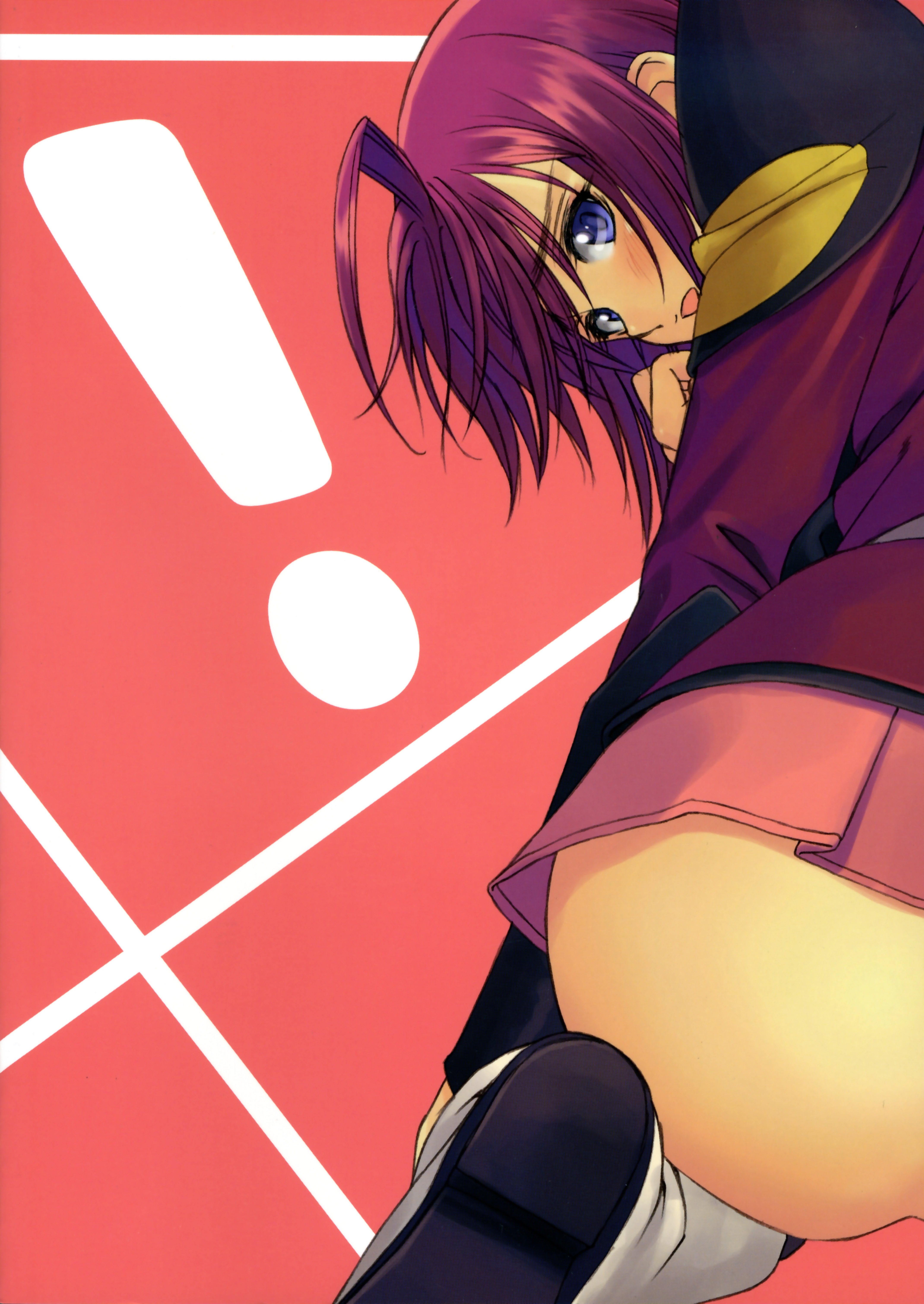 tony taka, lunamaria hawke, gundam, gundam seed, gundam seed destiny, absurdres, highres, non-web source, scan, !, 00s, 1girl, :o, ahoge, ass, belt, blue eyes, blush, boots, female focus, from behind, kneeling, looking back, microskirt, military, military uniform, no panties, open mouth, pleated skirt, purple hair, red hair, short hair, skirt, solo, surprised