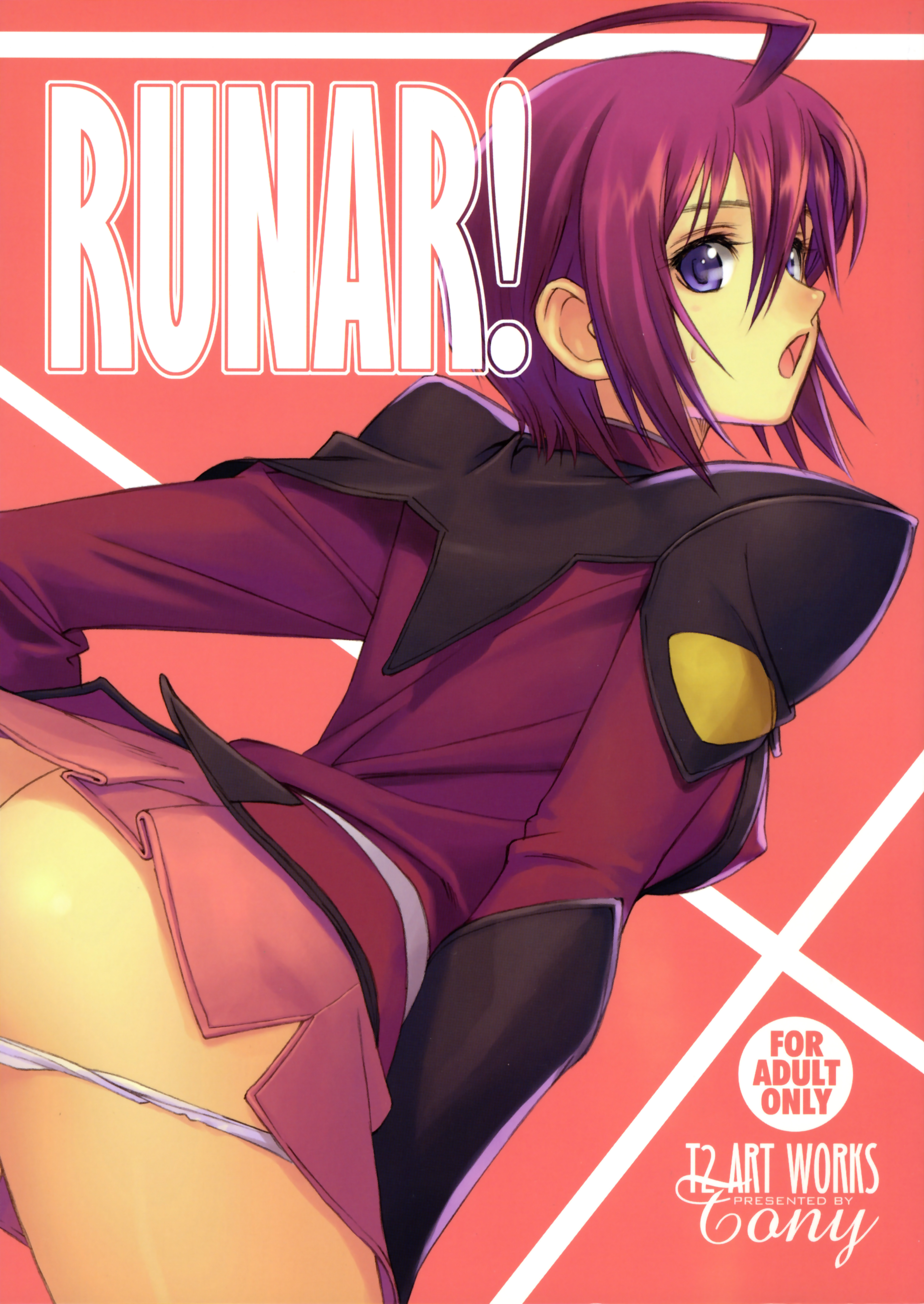tony taka, lunamaria hawke, gundam, gundam seed, gundam seed destiny, absurdres, highres, 00s, 1girl, ahoge, ass, bent over, blue eyes, breasts, covered erect nipples, female focus, medium breasts, open mouth, panties, purple hair, red hair, short hair, solo, underwear