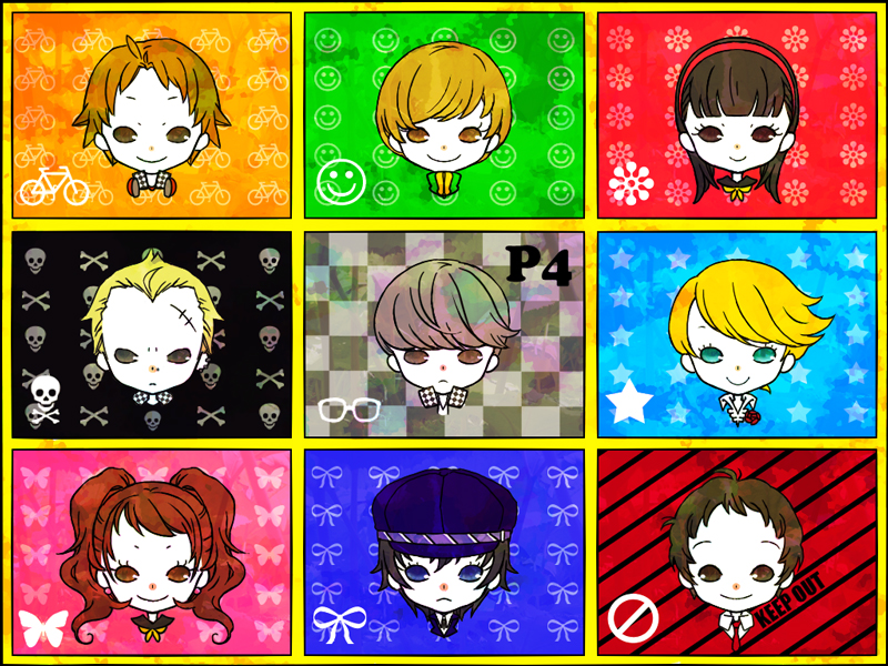 kuro kiri, kuro kiri (pixiv), adachi tooru, amagi yukiko, hanamura yousuke, kujikawa rise, kuma (persona 4), narukami yu, satonaka chie, shirogane naoto, tatsumi kanji, atlus, persona, persona 4, 4girls, 5boys, black eyes, black hair, blonde hair, blue eyes, blue hair, brown eyes, brown hair, chibi, earrings, everyone, grey hair, hairband, hat, headphones, jewelry, long hair, multiple boys, multiple girls, necktie, newsboy cap, red hair, scar, short hair, smile, twintails