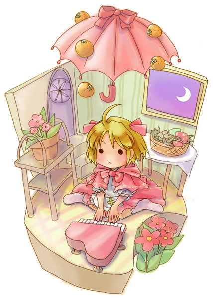 fuju, polka (trusty bell), trusty bell, bad id, bad pixiv id, 1girl, child, female focus, food, fruit, instrument, orange (fruit), piano, solo, umbrella