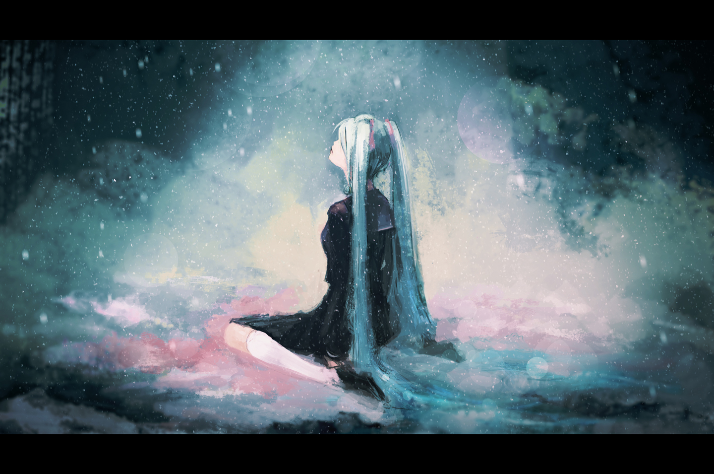 ekao, hatsune miku, vocaloid, bad id, bad pixiv id, 1girl, aqua hair, back, black serafuku, black shoes, dress, female focus, from behind, kneehighs, letterboxed, long hair, looking up, school uniform, serafuku, shoes, sitting, snowing, socks, solo, twintails, very long hair, wariza, white socks