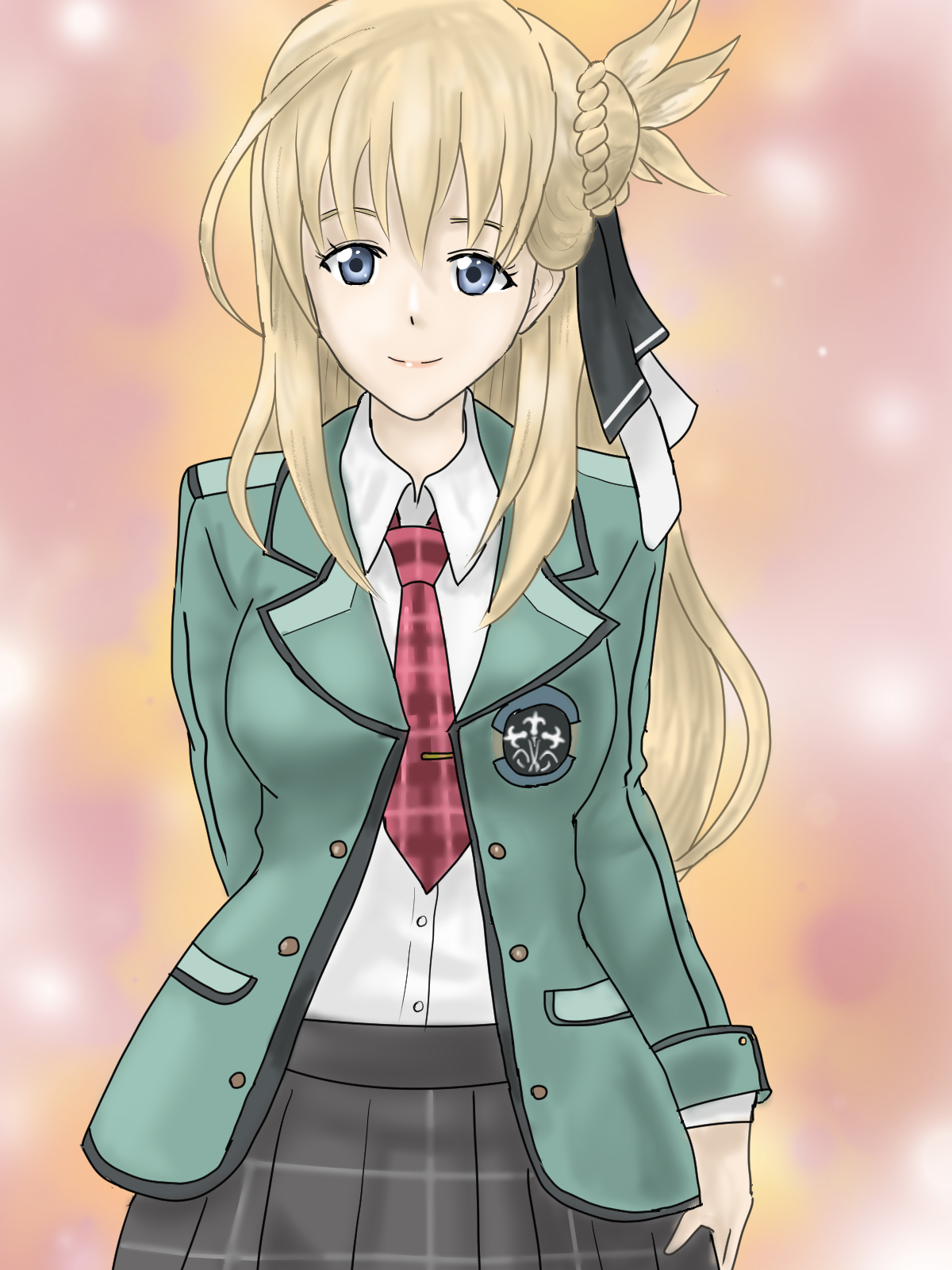 agnes claudel, eiyuu densetsu, kuro no kiseki, kuro no kiseki (series), kuro no kiseki ii, highres, 1girl, aramis high school uniform, blonde hair, blue eyes, braid, bun with braided base, closed mouth, double-parted bangs, hair between eyes, hair bun, jacket, long hair, looking at viewer, necktie, open clothes, open jacket, plaid clothes, plaid necktie, plaid skirt, school uniform, simple background, single side bun, skirt, smile, solo, surasho oekaki, two side up, upper body